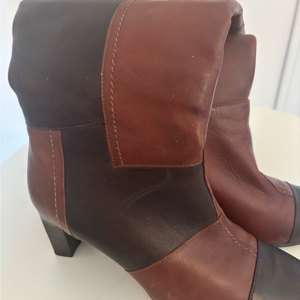 Blondo Two-Tone Brown Leather Fold-Over Heeled Ankle Boots